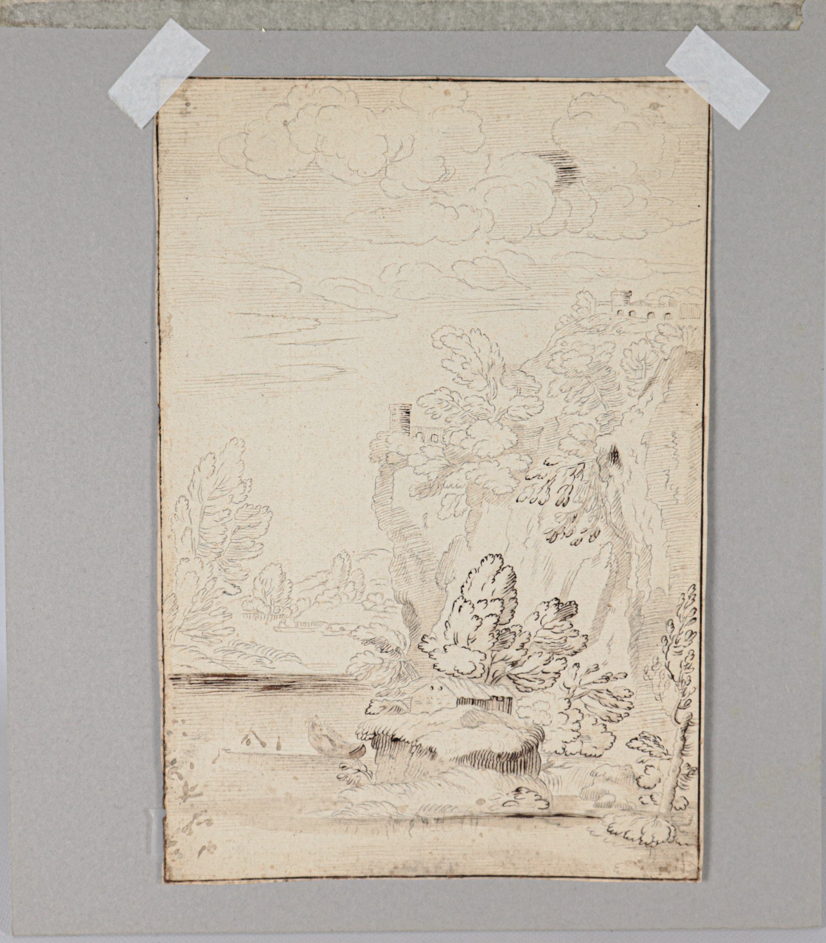 "Paesaggi, veduta di costa e figure", lotto di sei antichi piccoli disegni su carta a china, inch...