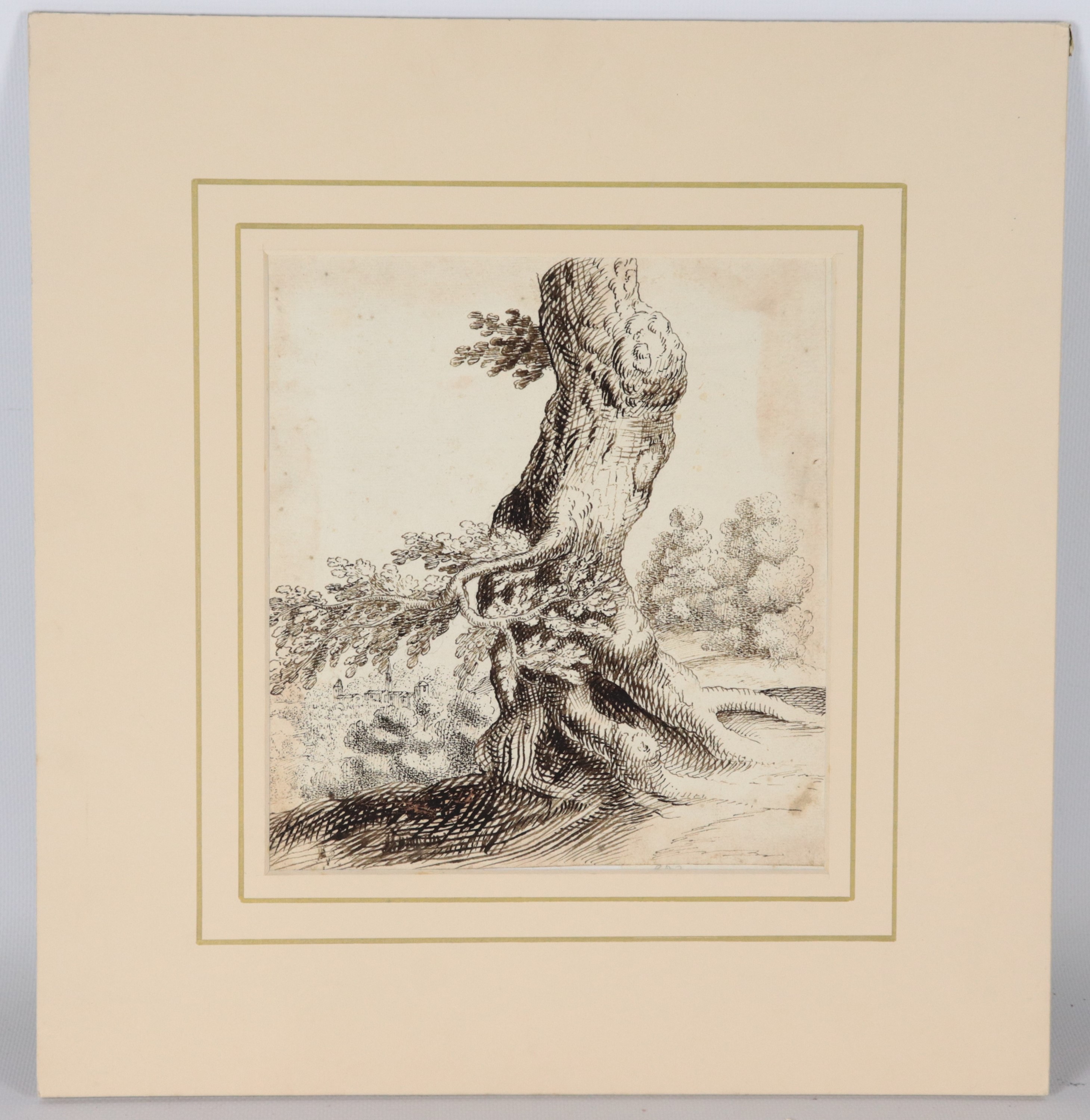 "Paesaggi, veduta di costa e figure", lotto di sei antichi piccoli disegni su carta a china, inch...