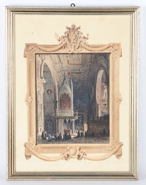 Ren&#232; Josephi Garrez - Firmato e datato 1836. "Interno di cattedrale", disegno a tempera e biacca su carta in cornice in legno dorato