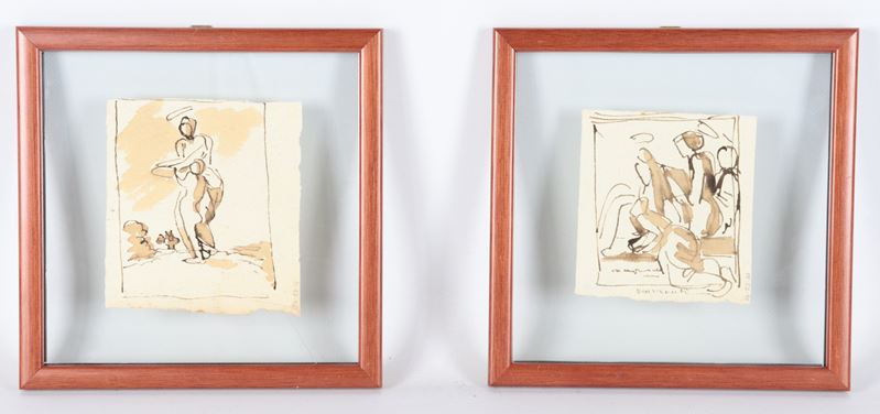 Att.ti. "Scene sacre", coppia di piccoli disegni a china e tempera in cornicette di noce a giorno