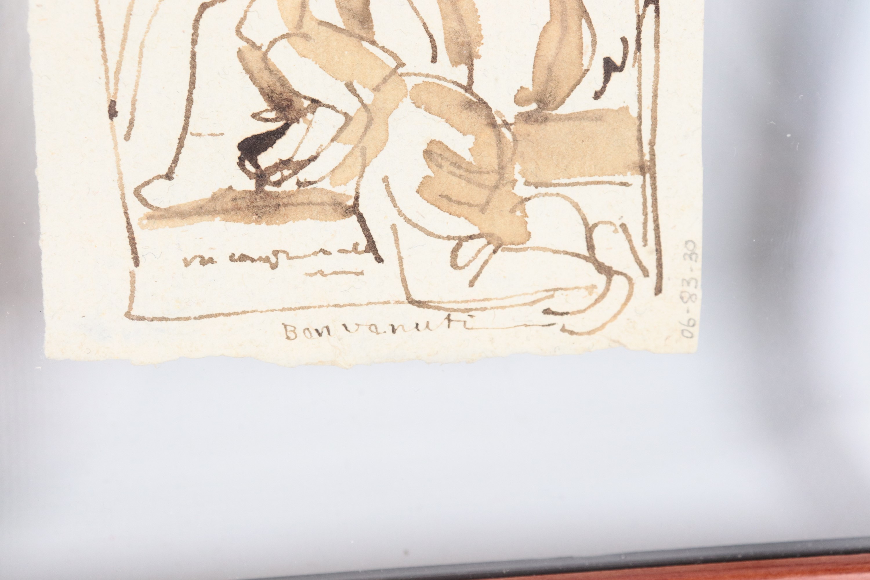 Att.ti. "Scene sacre", coppia di piccoli disegni a china e tempera in cornicette di noce a giorno