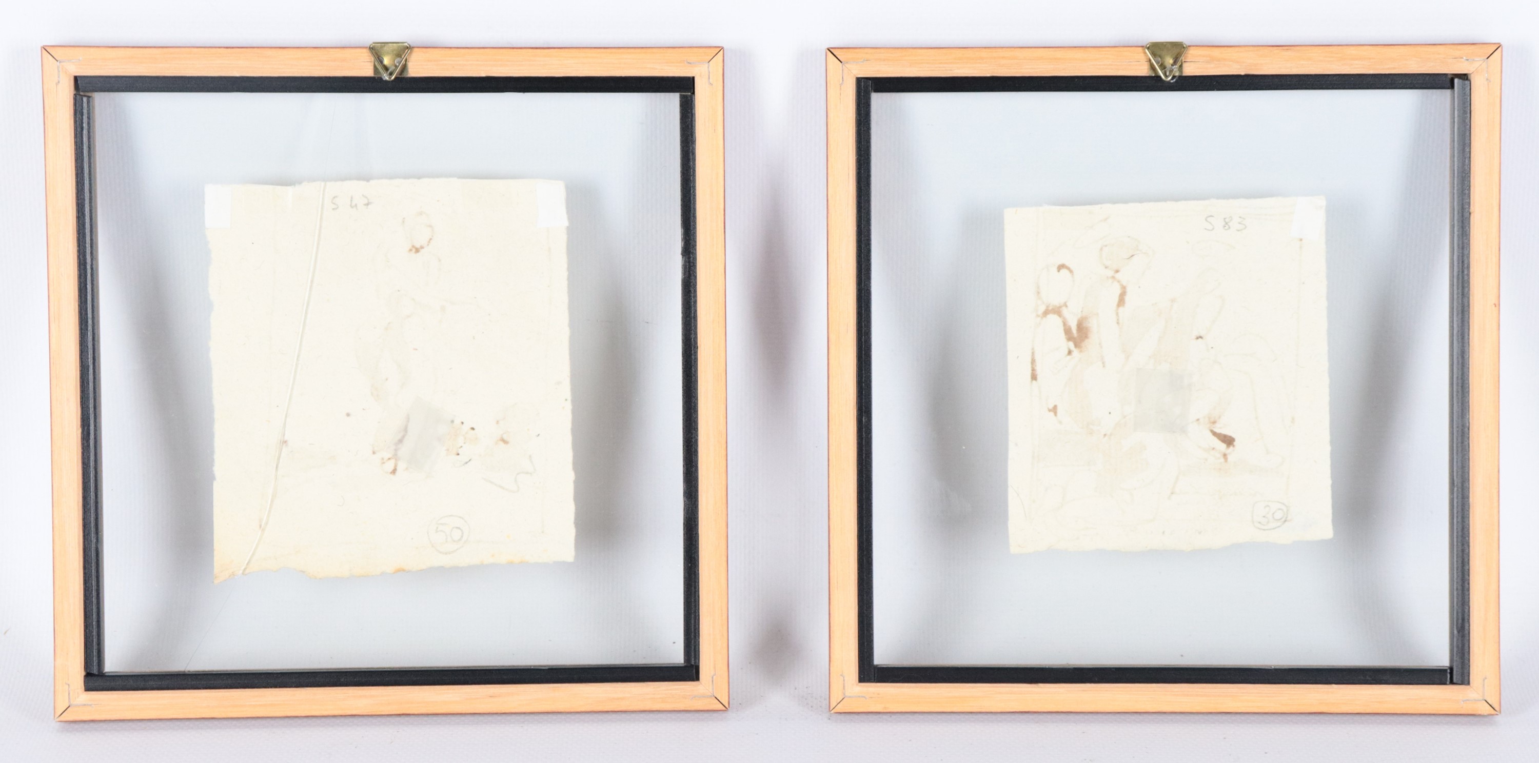 Att.ti. "Scene sacre", coppia di piccoli disegni a china e tempera in cornicette di noce a giorno