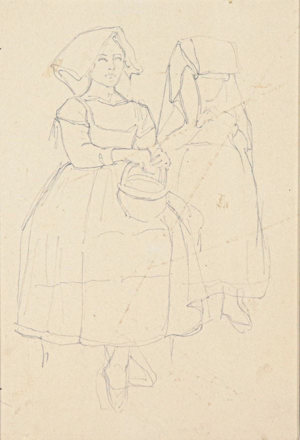 Pittore Romano XIX Secolo - "Popolane", piccolo disegno a china su carta in cornicetta di noce e passepartout nero