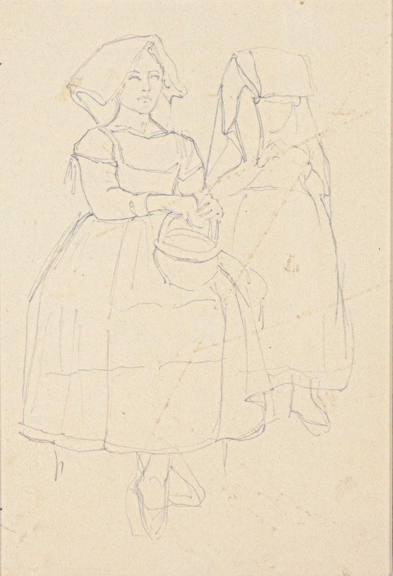 "Popolane", piccolo disegno a china su carta in cornicetta di noce e passepartout nero