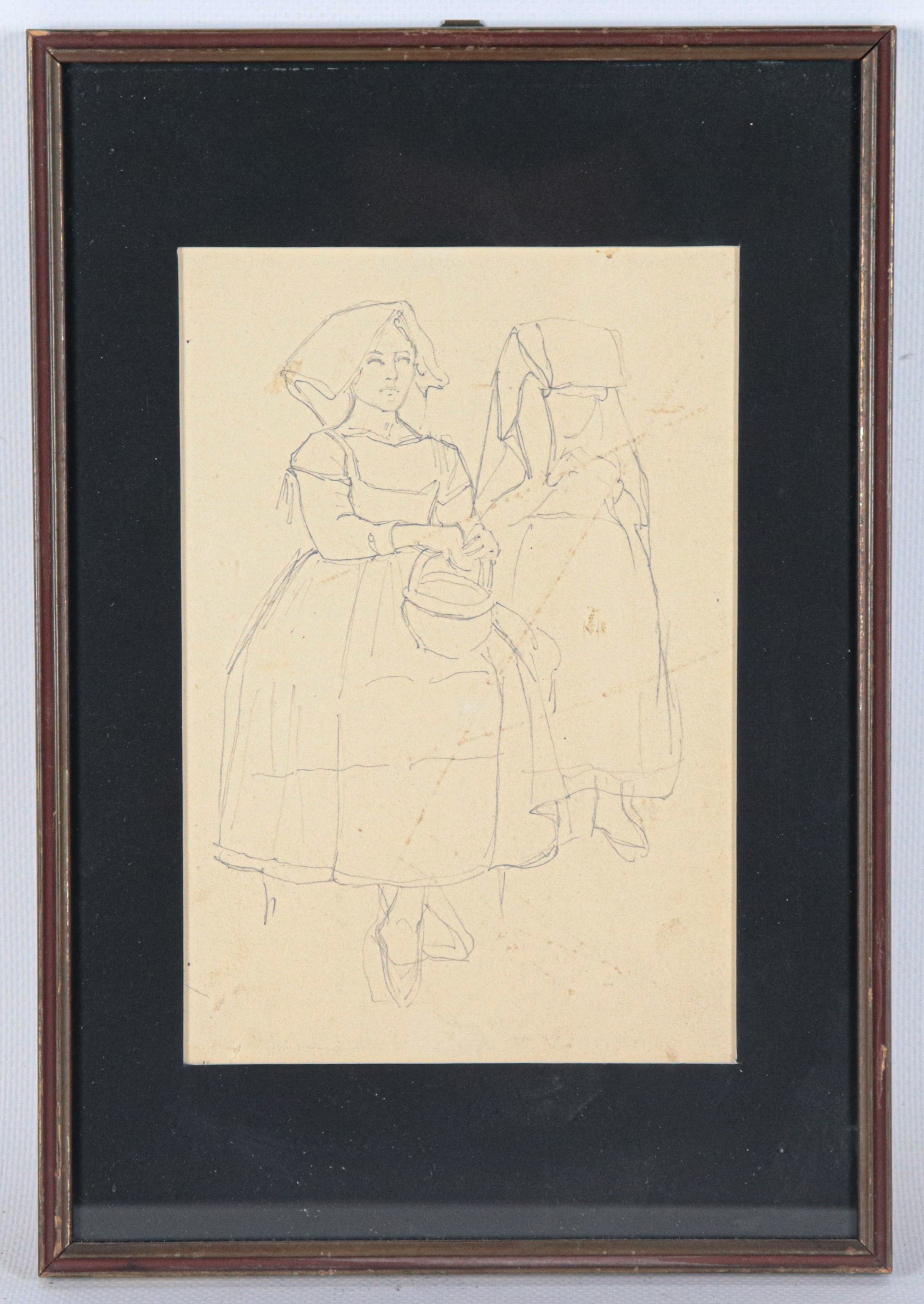 "Popolane", piccolo disegno a china su carta in cornicetta di noce e passepartout nero