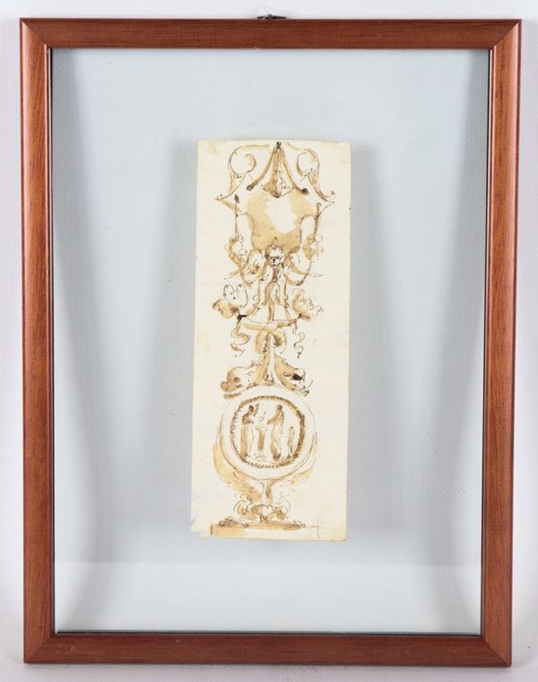 Giuseppe Barberi - Att.to. "Fregio architettonico", piccolo disegno a china e tempera in cornice in noce a giorno