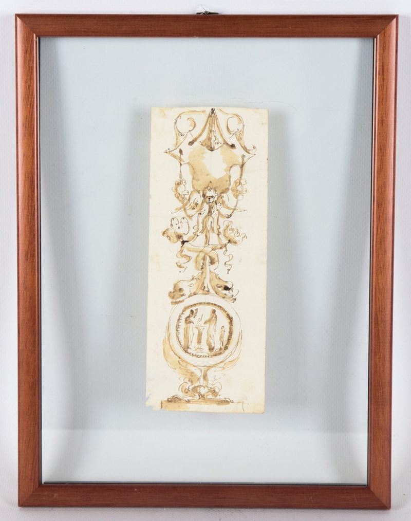 Att.to. "Fregio architettonico", piccolo disegno a china e tempera in cornice in noce a giorno