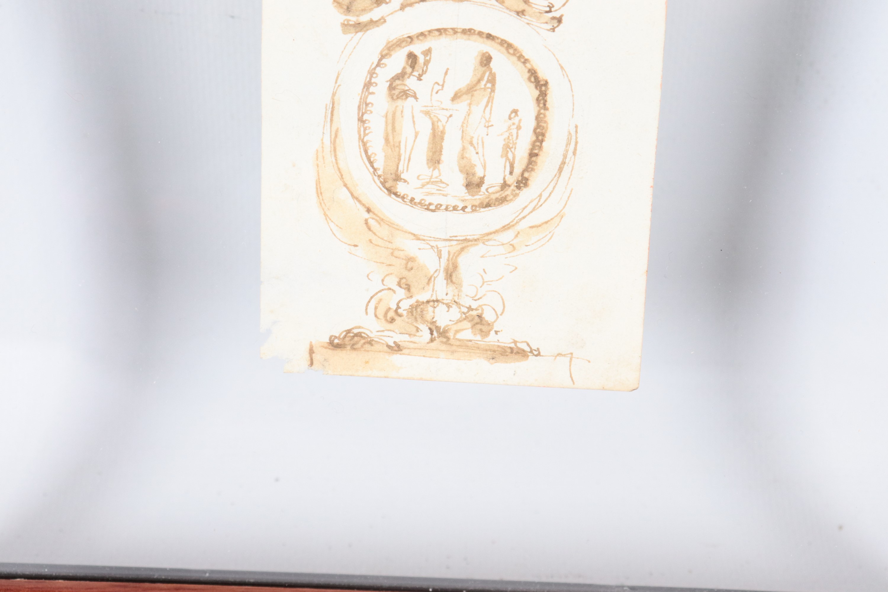 Att.to. "Fregio architettonico", piccolo disegno a china e tempera in cornice in noce a giorno