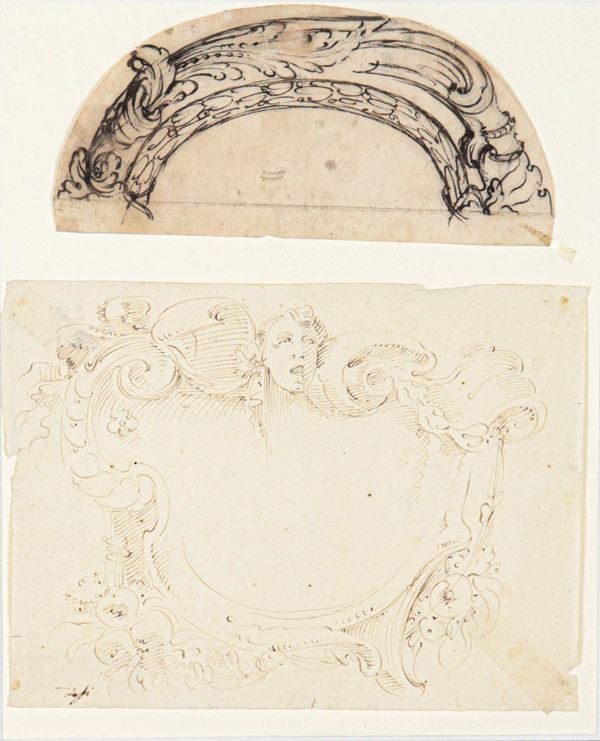 Agostino Mitelli - "Soggetti architettonici", lotto di due piccoli disegni a china su carta riuniti in un'unica cornice in legno dorato e intagliato