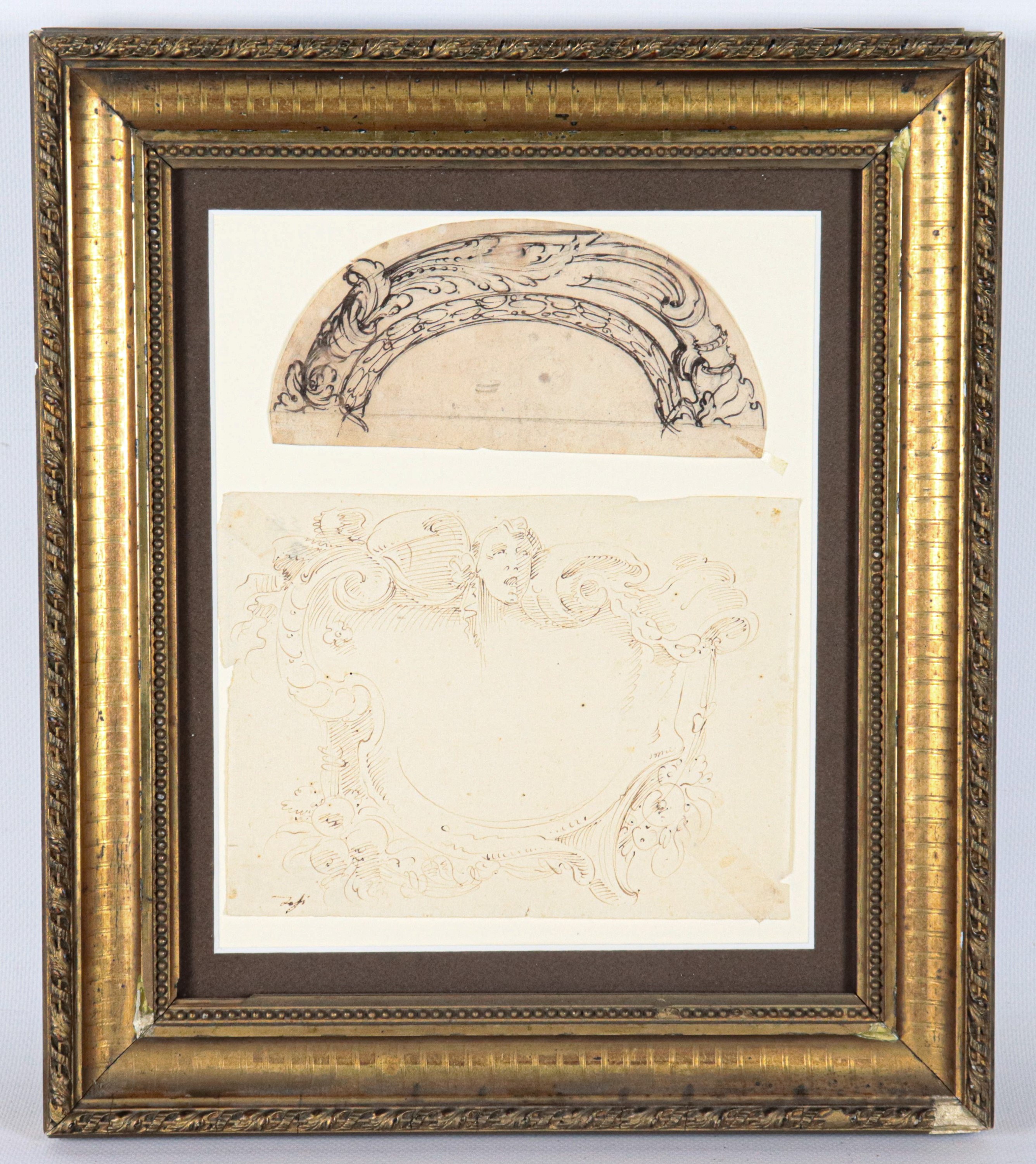 "Soggetti architettonici", lotto di due piccoli disegni a china su carta riuniti in un'unica corn...