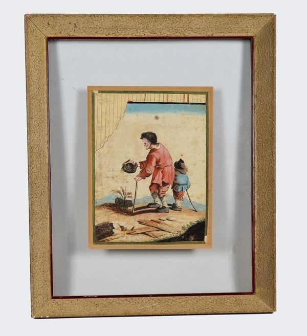 Scuola Bolognese XIX Secolo - "Il mendicante con il figlioletto", trompe l'oeil a tempera su carta in cornice in legno a giorno