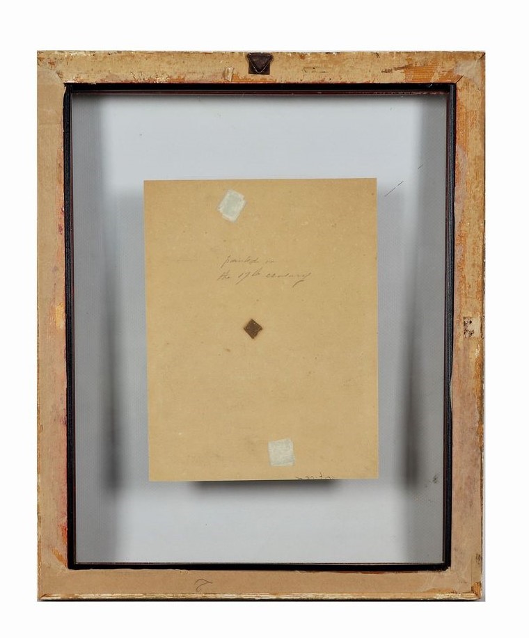 "Il mendicante con il figlioletto", trompe l'oeil a tempera su carta in cornice in legno a giorno