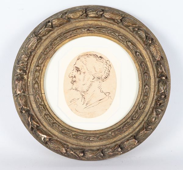 Agostino Carracci - Att.to. "Ritratto di vecchia", piccolo disegno a china su carta in antica cornice in legno dorato a forma tonda