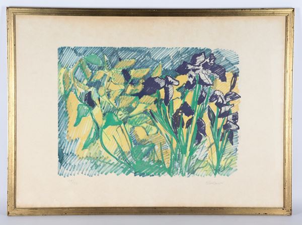 Carlo Levi - "Fiori al vento", litografia a colori su carta multiplo 118/120, cornice in legno dorato