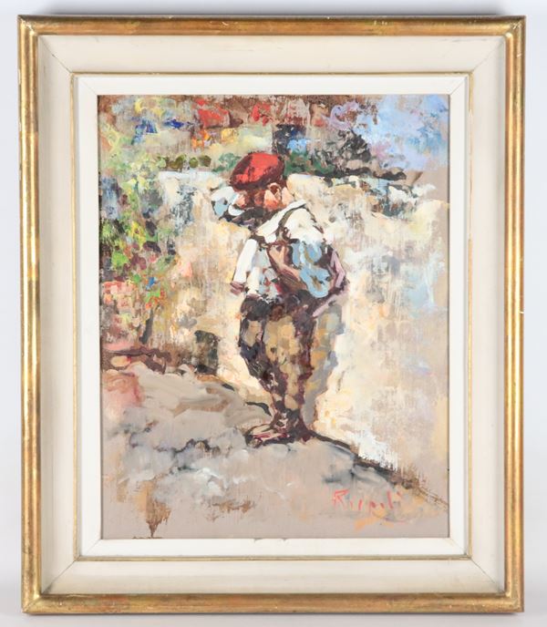 Giovanni Rispoli - Reca la firma di. "Scugnizzo al muretto", luminoso dipinto ad olio su compensato in cornice in legno dorato e passepartout