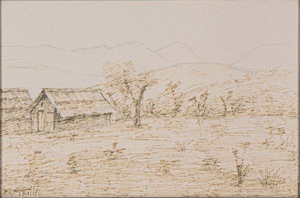 "Paesaggio con stalle ed alberi", piccolo disegno a matita e carboncino su carta in cornice in legno di noce