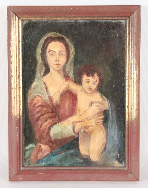 Scuola Italiana Inizio XX Secolo - Firmato. "Madonna con bambino", dipinto ad olio in cornice laccata