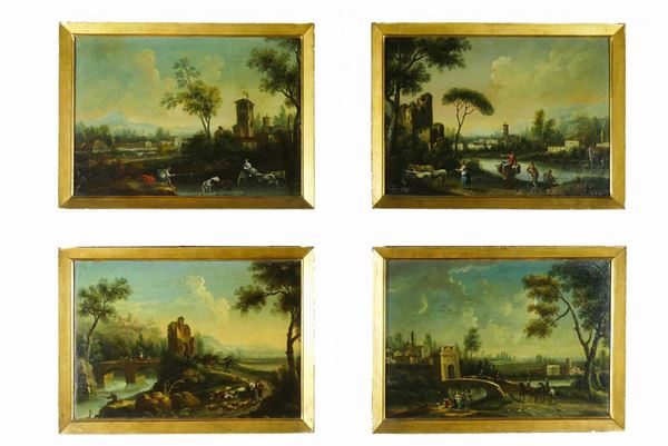Antonio Diziani - &quot;Landscapes with wayfarers, farmers and shepherds&quot;. Workshop of.