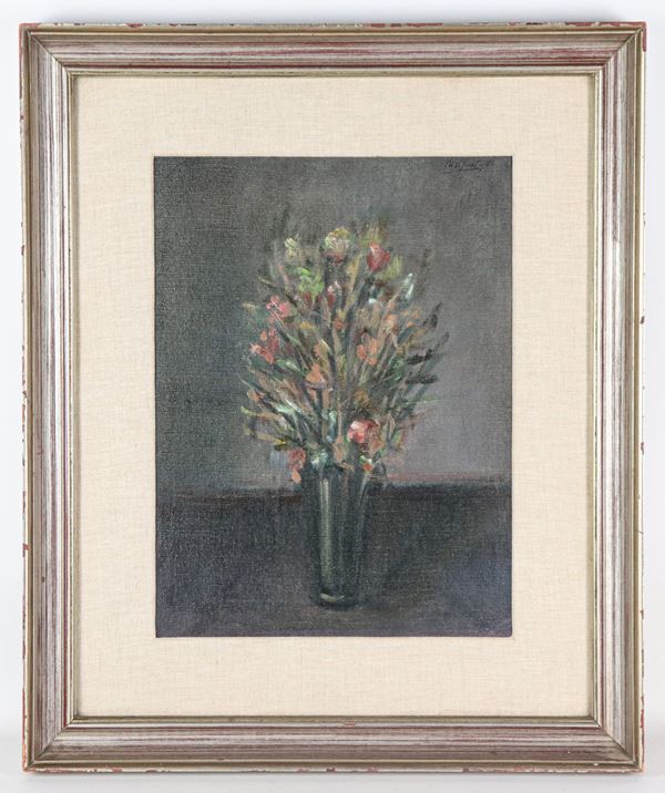 Domenico Purificato - Firmato e datato 1965. "Fiori", piccolo dipinto ad olio su tela in cornice in legno argentato e passepartout
