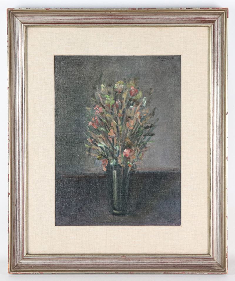 Firmato e datato 1965. "Fiori", piccolo dipinto ad olio su tela in cornice in legno argentato e p...
