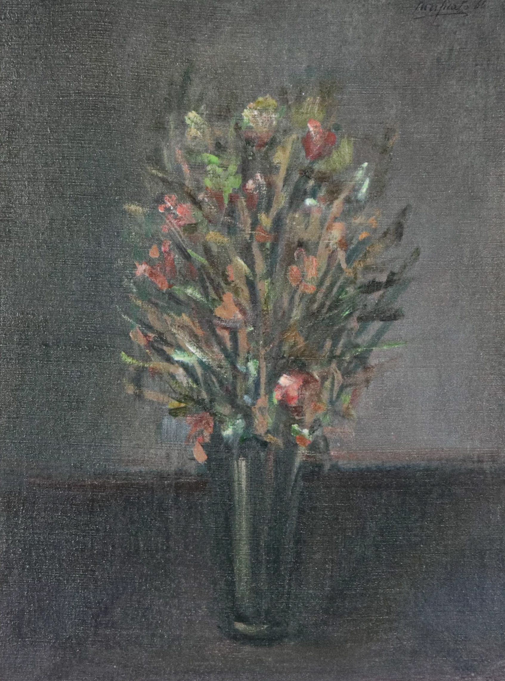 Firmato e datato 1965. "Fiori", piccolo dipinto ad olio su tela in cornice in legno argentato e p...