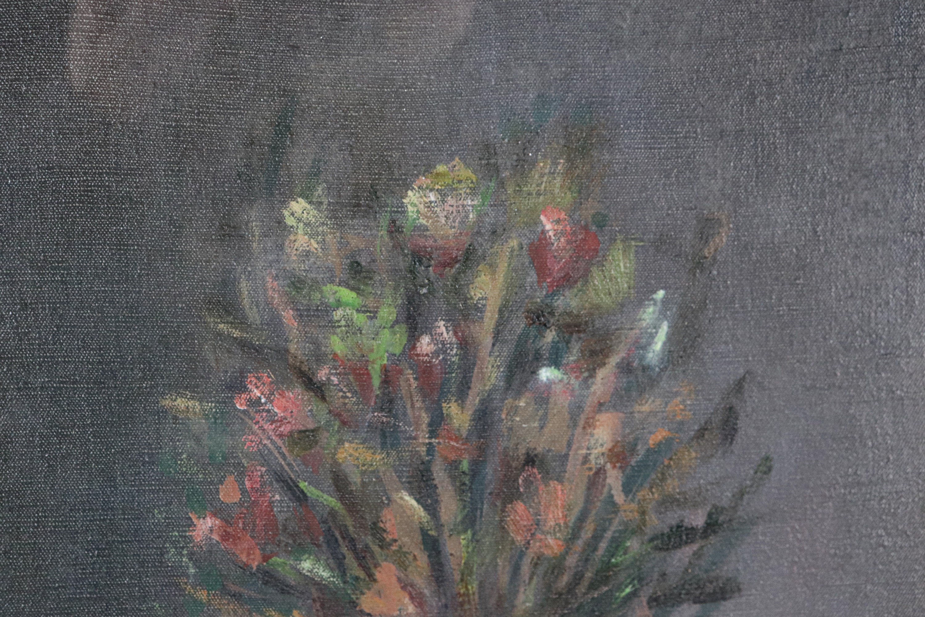 Firmato e datato 1965. "Fiori", piccolo dipinto ad olio su tela in cornice in legno argentato e p...