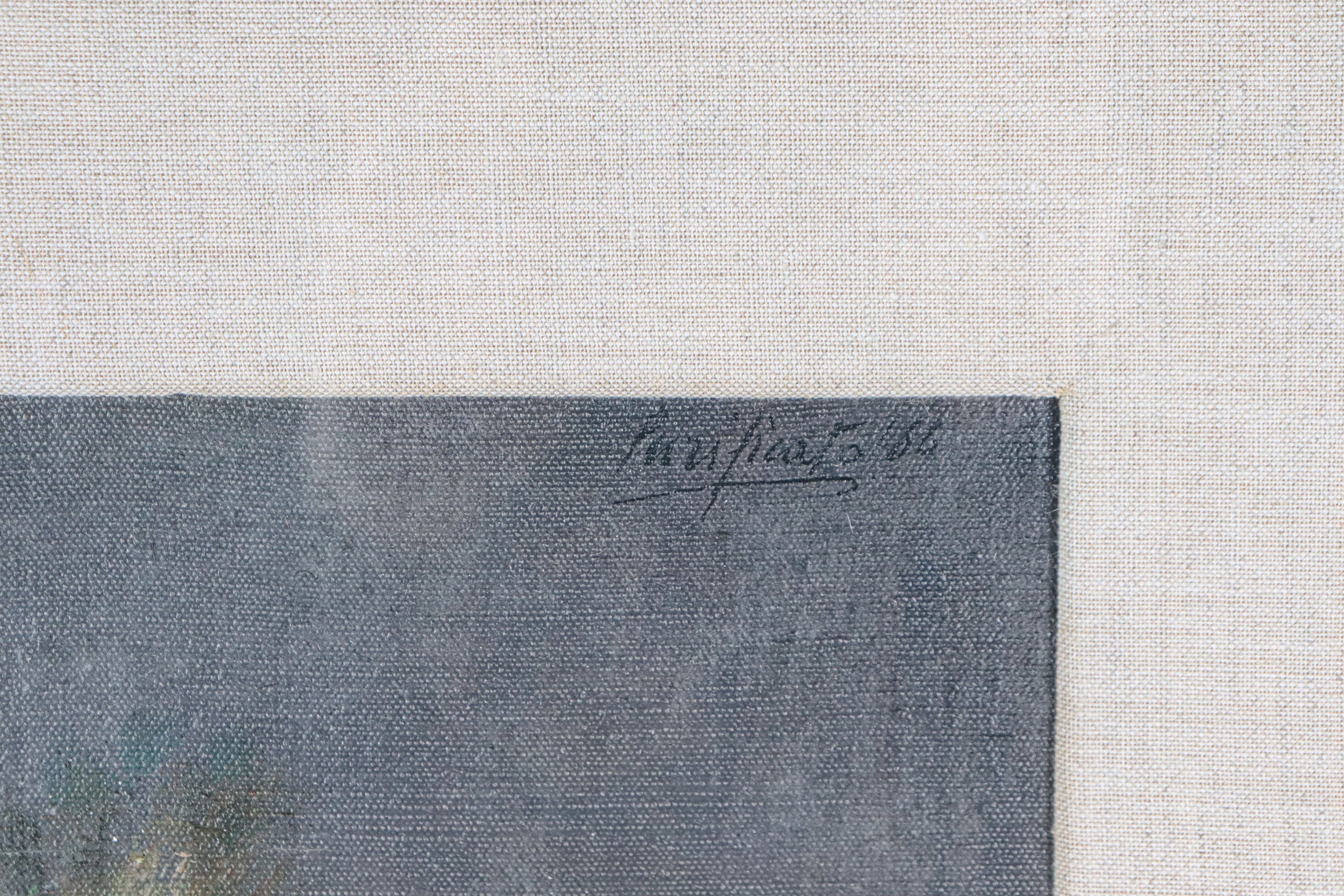 Firmato e datato 1965. "Fiori", piccolo dipinto ad olio su tela in cornice in legno argentato e p...