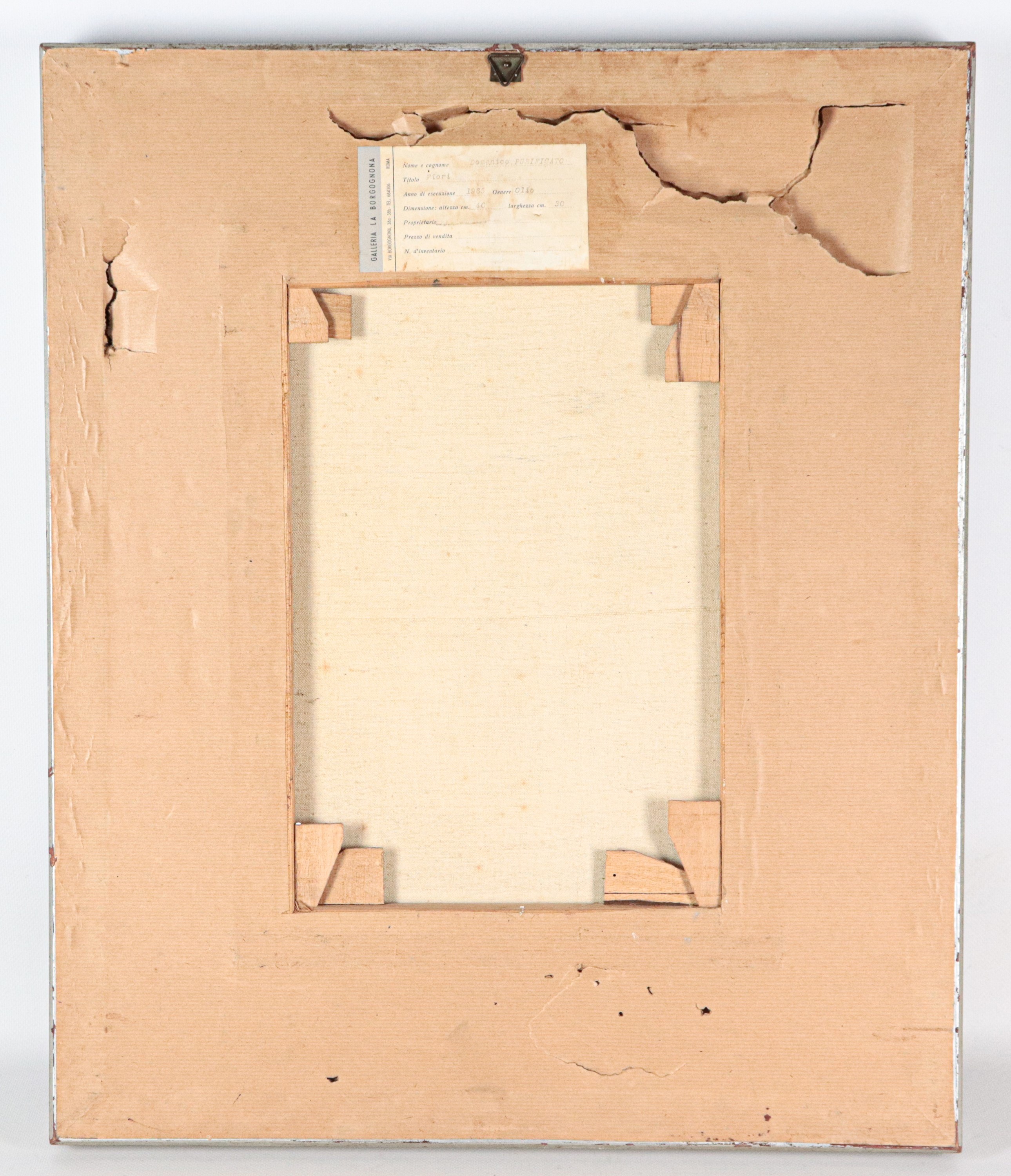 Firmato e datato 1965. "Fiori", piccolo dipinto ad olio su tela in cornice in legno argentato e p...