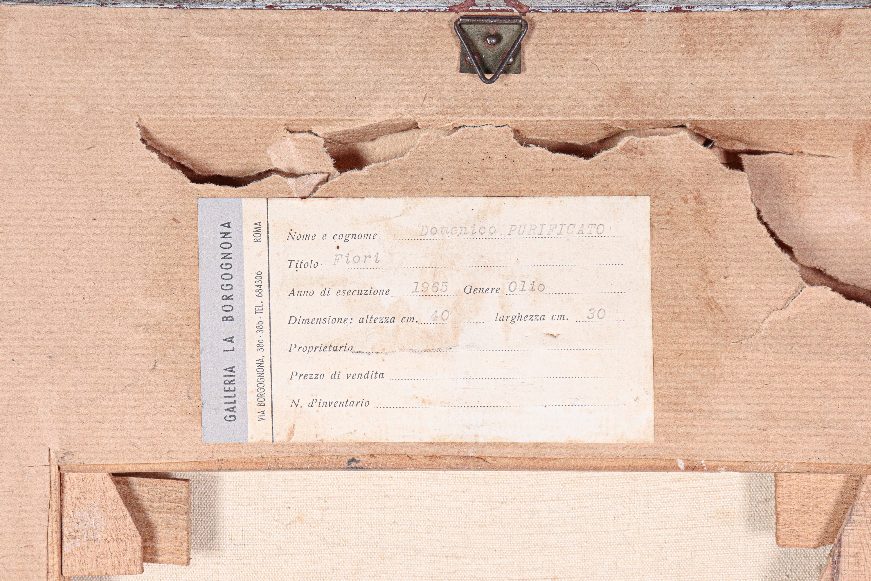 Firmato e datato 1965. "Fiori", piccolo dipinto ad olio su tela in cornice in legno argentato e p...