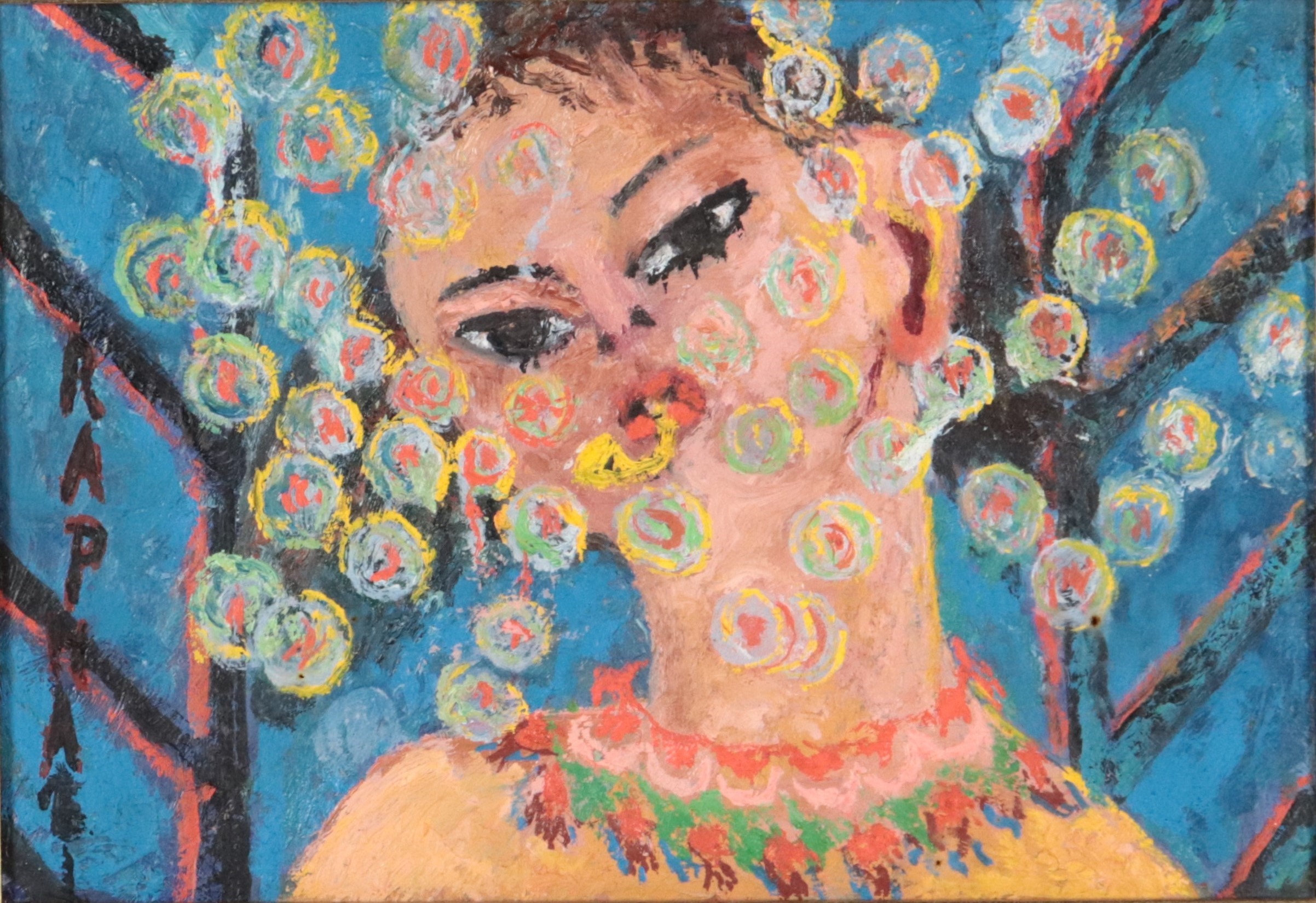 Firmato. "Bambina che gioca con bolle di sapone" 1965, piccolo dipinto ad olio in cornice a bache...