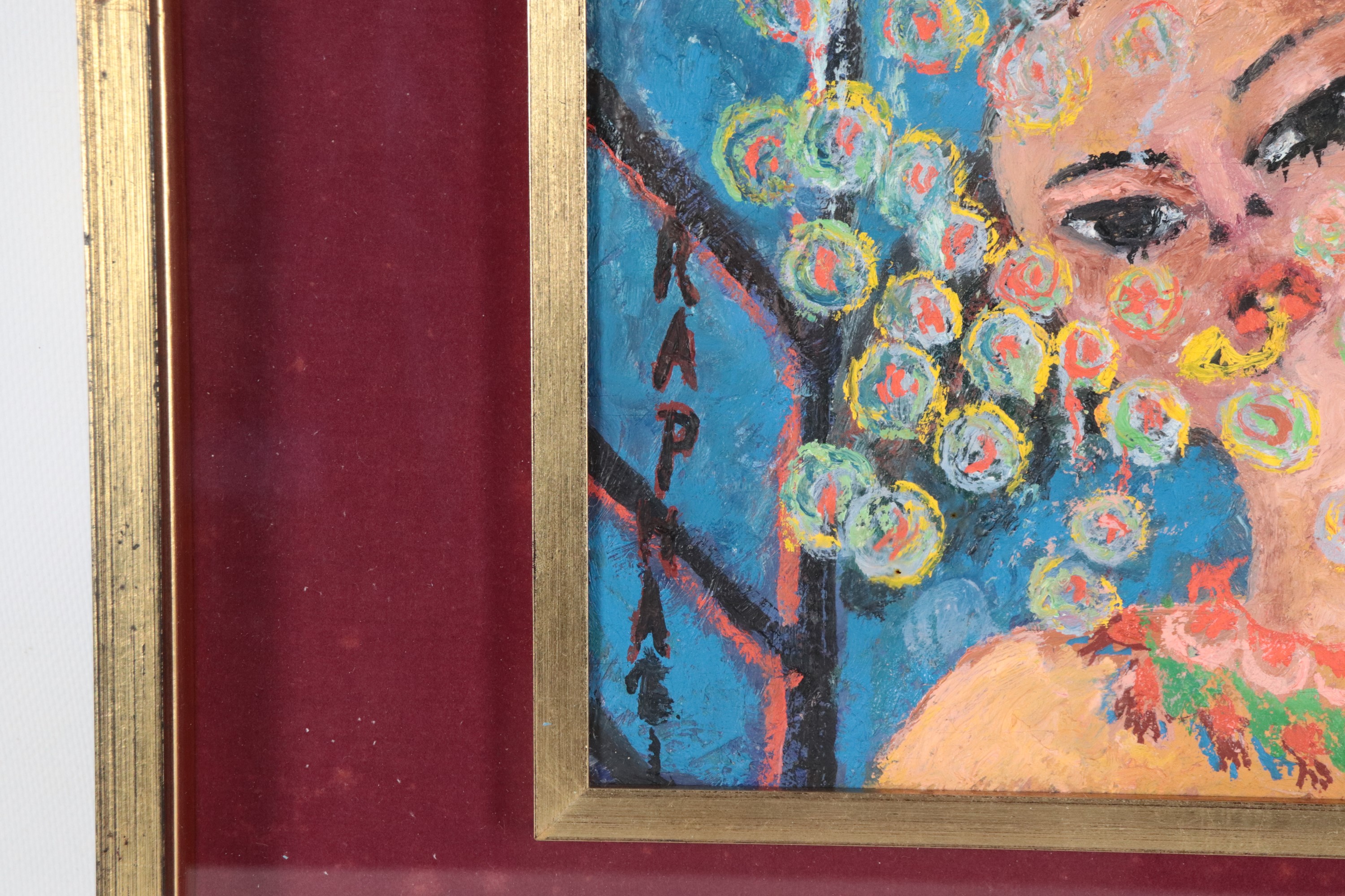 Firmato. "Bambina che gioca con bolle di sapone" 1965, piccolo dipinto ad olio in cornice a bache...