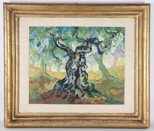 Carlo Levi - Firmato. "Alberi", dipinto ad olio su tela in cornice in legno dorato e passepartout. Sul retro della tela numeri di archiviazione del Maestro