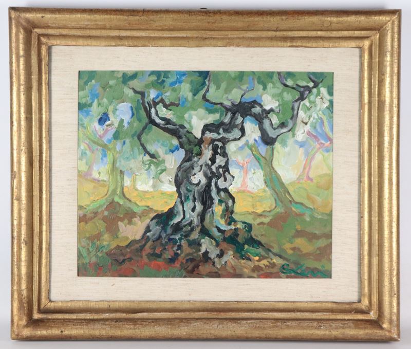 Firmato. "Alberi", dipinto ad olio su tela in cornice in legno dorato e passepartout. Sul retro d...