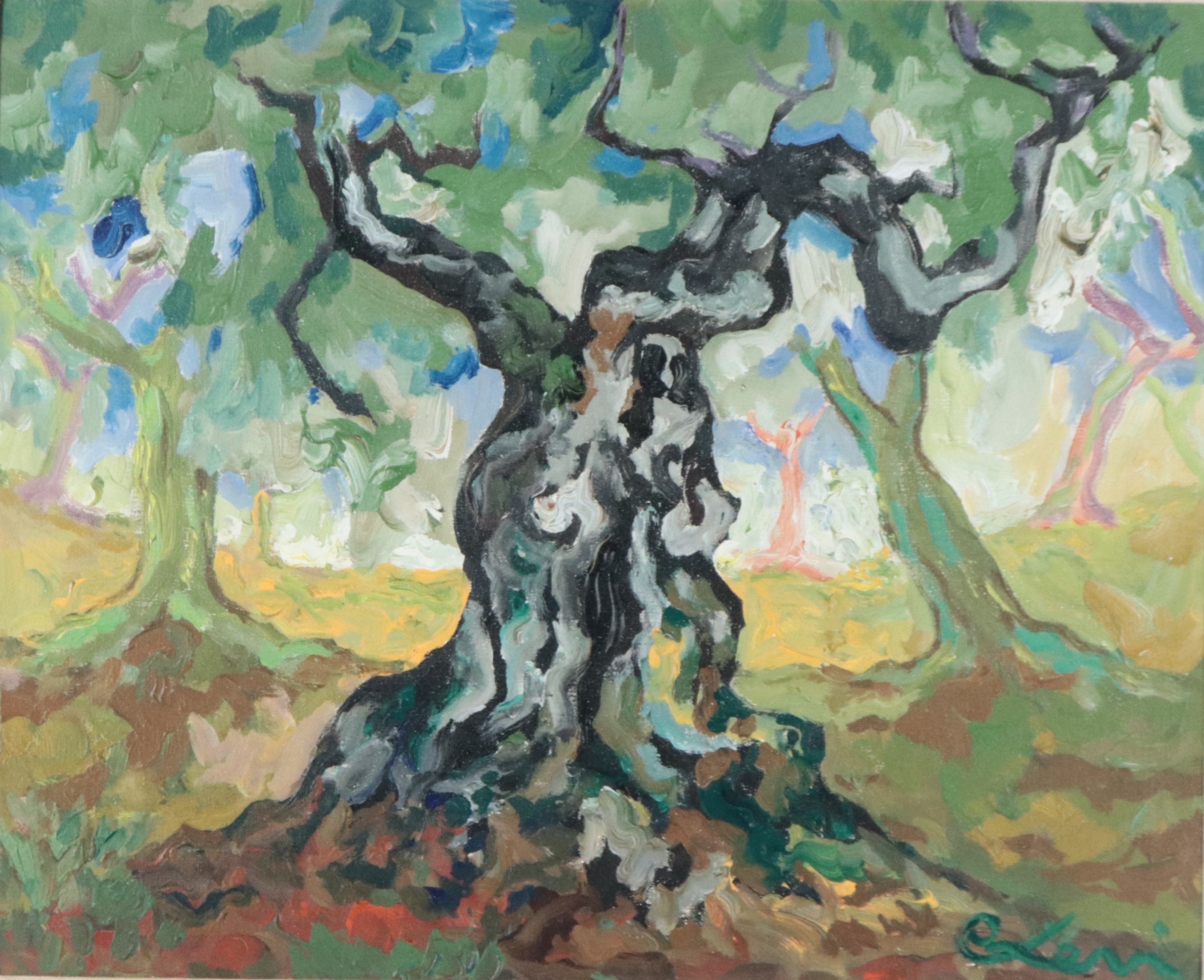 Firmato. "Alberi", dipinto ad olio su tela in cornice in legno dorato e passepartout. Sul retro d...