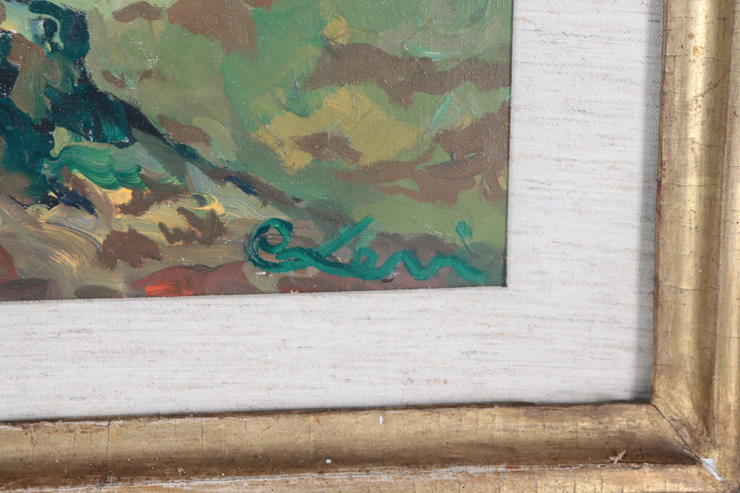 Firmato. "Alberi", dipinto ad olio su tela in cornice in legno dorato e passepartout. Sul retro d...