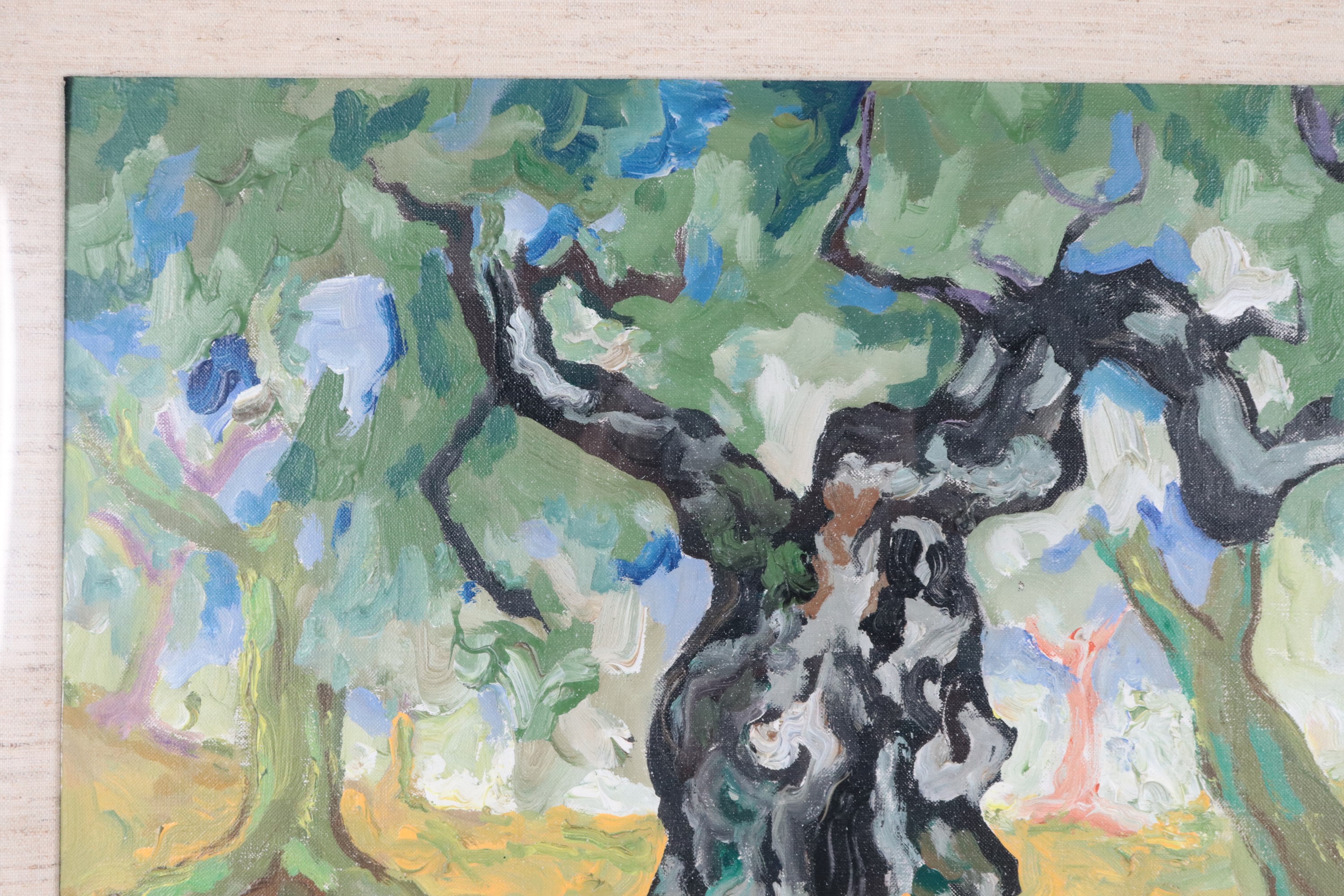 Firmato. "Alberi", dipinto ad olio su tela in cornice in legno dorato e passepartout. Sul retro d...