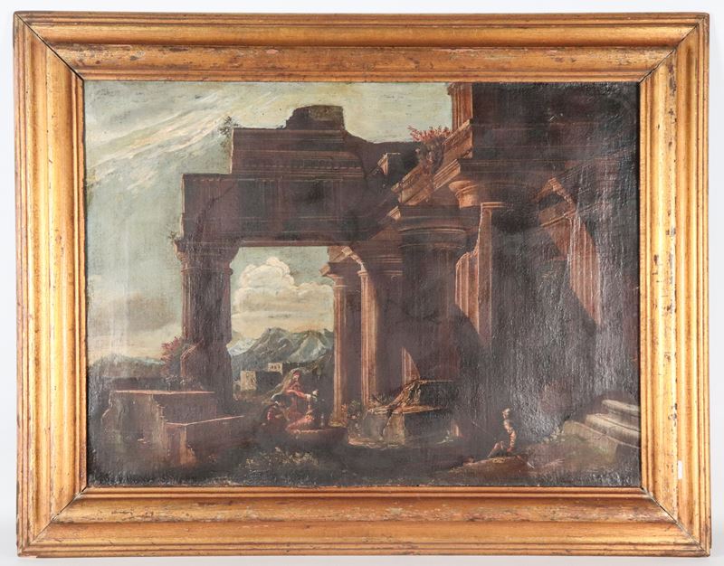 Allievo di. "Ruderi con architetture e soldati", pregevole dipinto ad olio su tela in cornice in ...