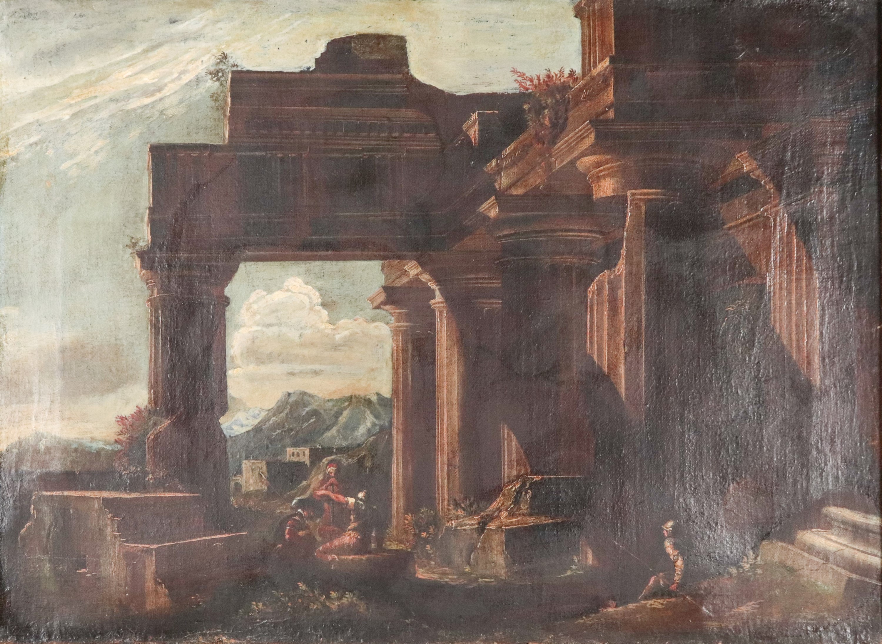 Allievo di. "Ruderi con architetture e soldati", pregevole dipinto ad olio su tela in cornice in ...