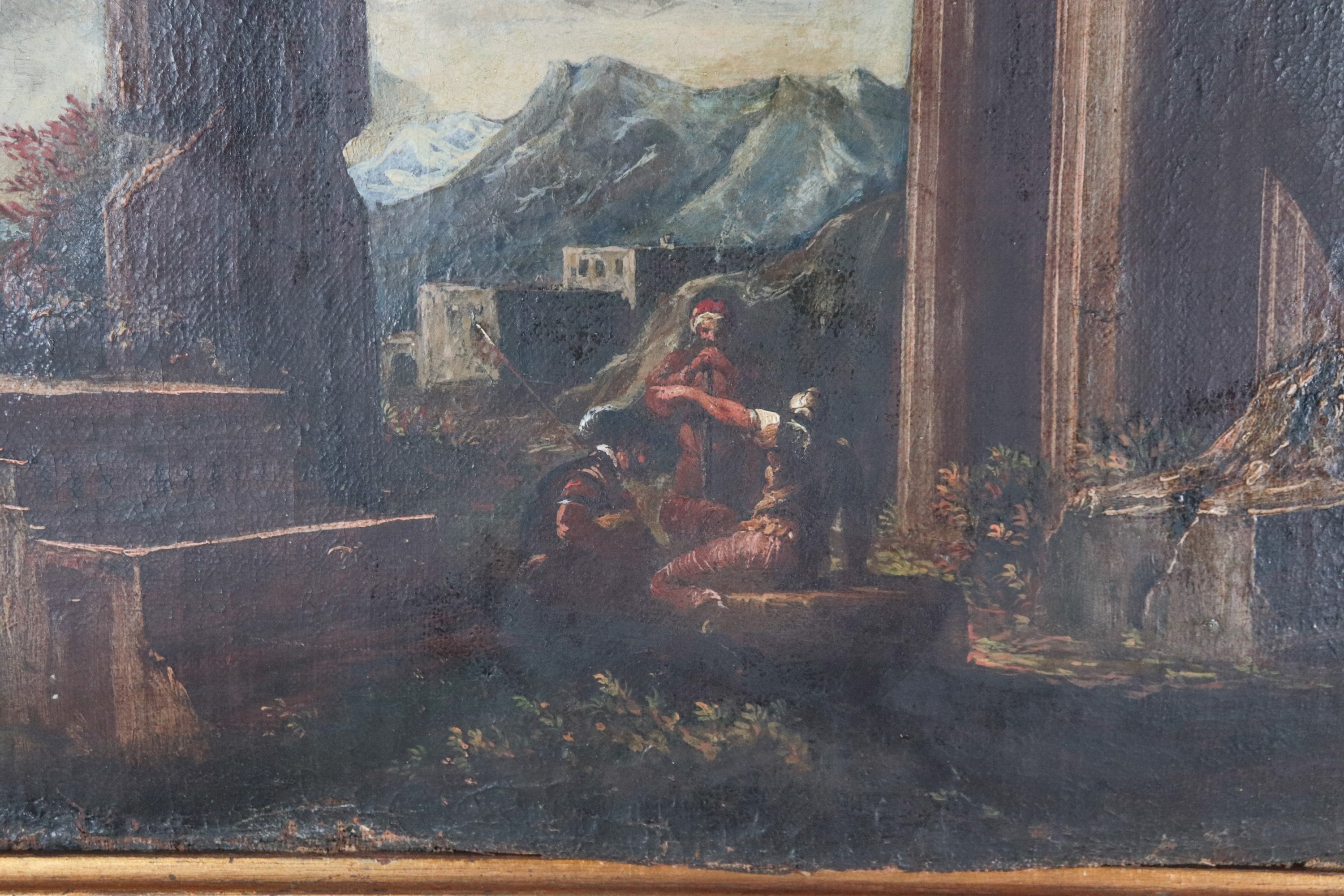 Allievo di. "Ruderi con architetture e soldati", pregevole dipinto ad olio su tela in cornice in ...