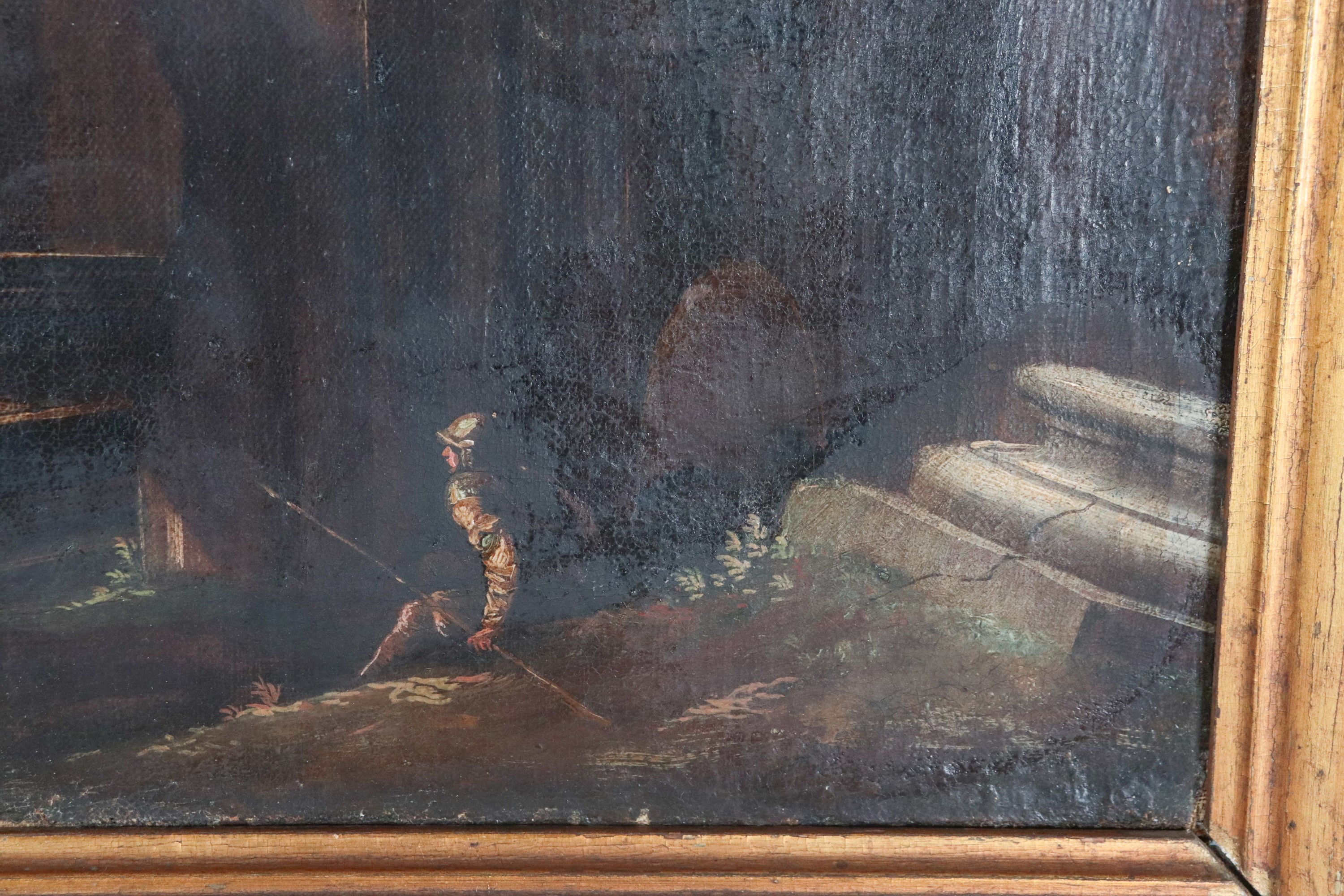 Allievo di. "Ruderi con architetture e soldati", pregevole dipinto ad olio su tela in cornice in ...