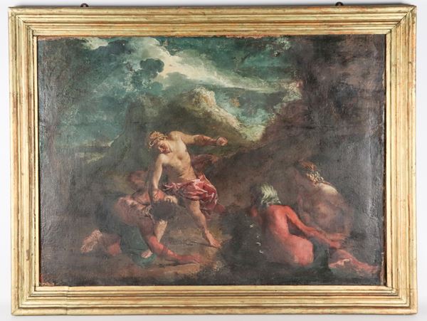Michele Rocca - Seguace di. "La lotta dei Semidei con paesaggio sullo sfondo", pregevole dipinto ad olio su tela in antica cornice in legno dorato