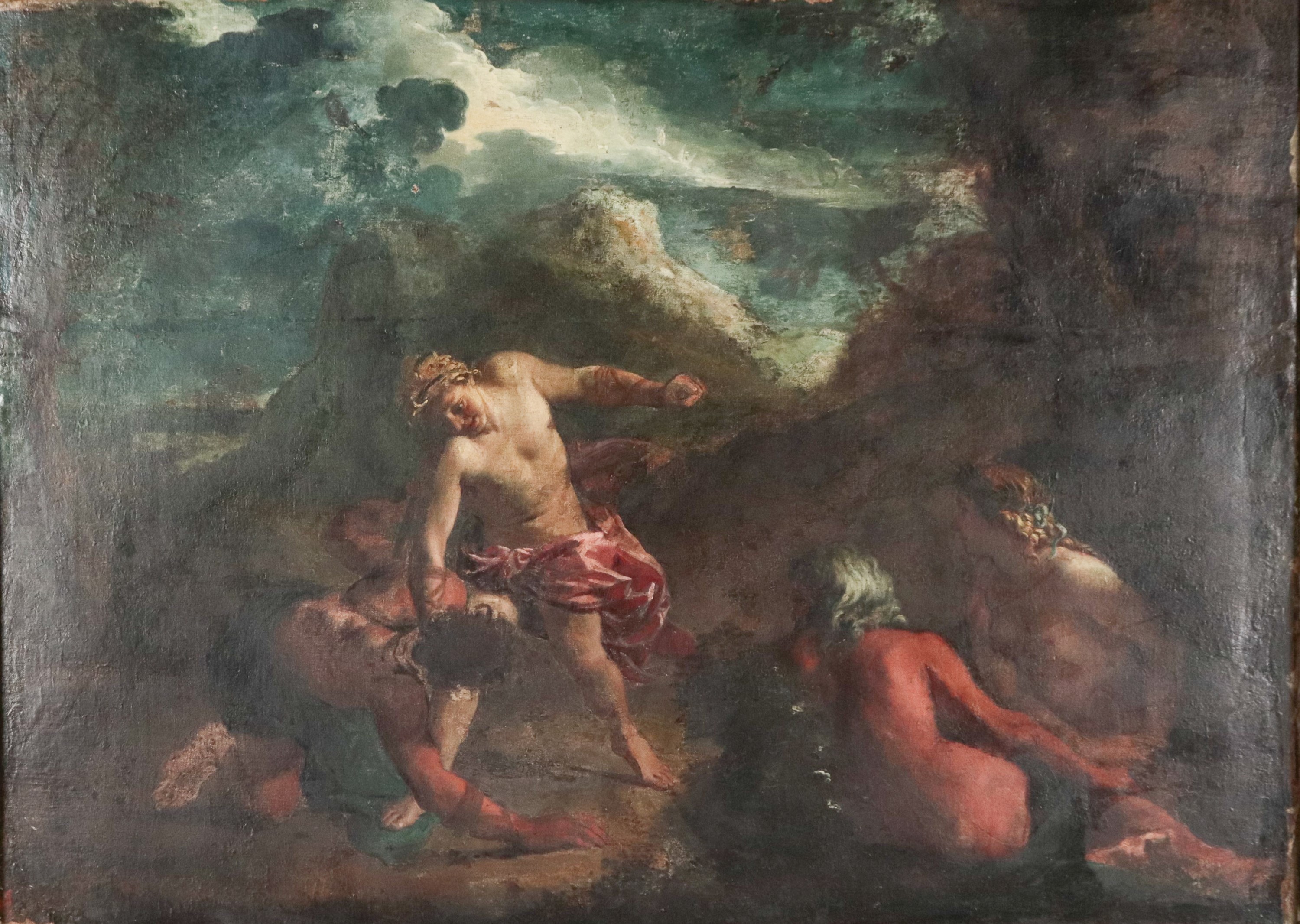 Seguace di. "La lotta dei Semidei con paesaggio sullo sfondo", pregevole dipinto ad olio su tela ...