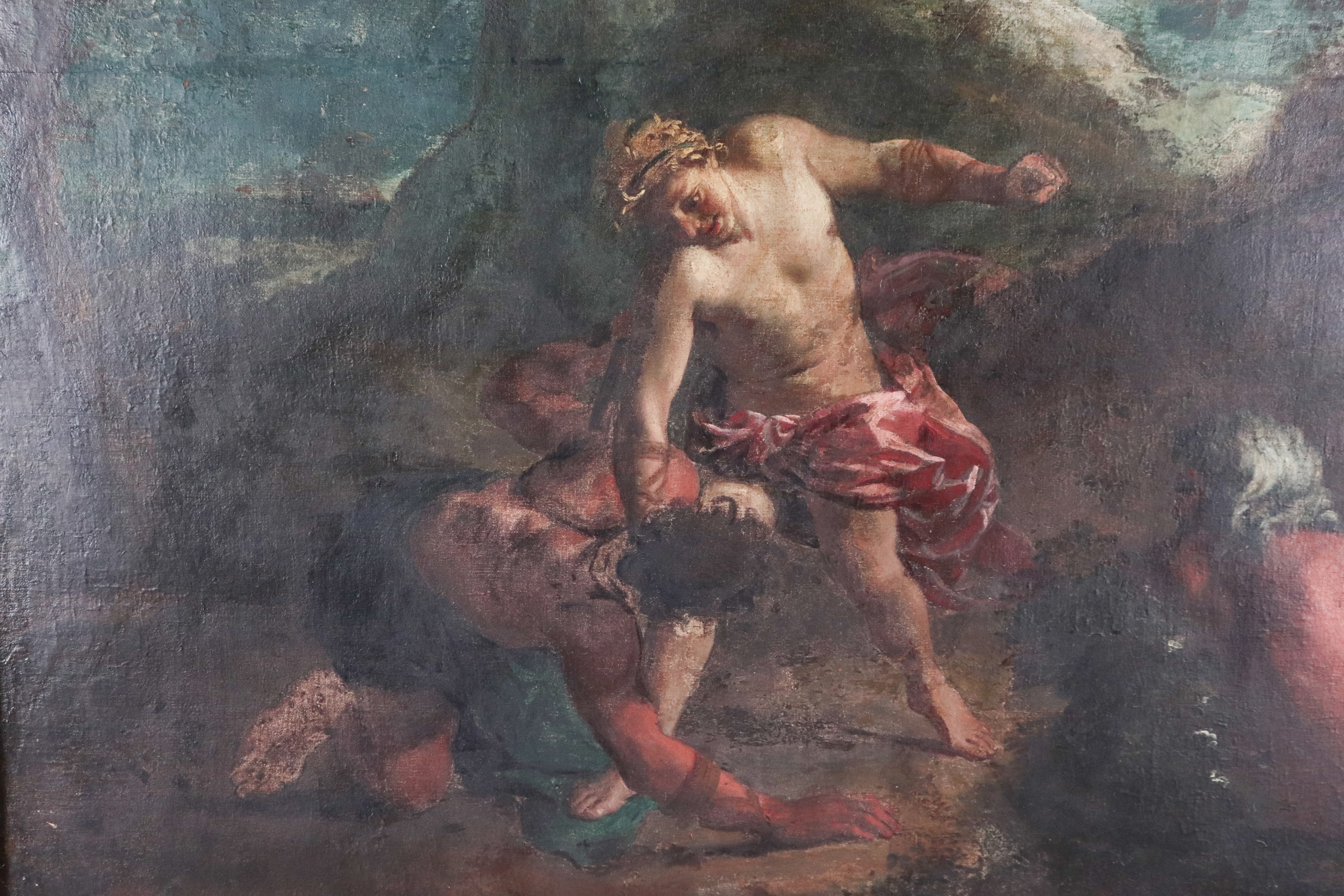 Seguace di. "La lotta dei Semidei con paesaggio sullo sfondo", pregevole dipinto ad olio su tela ...