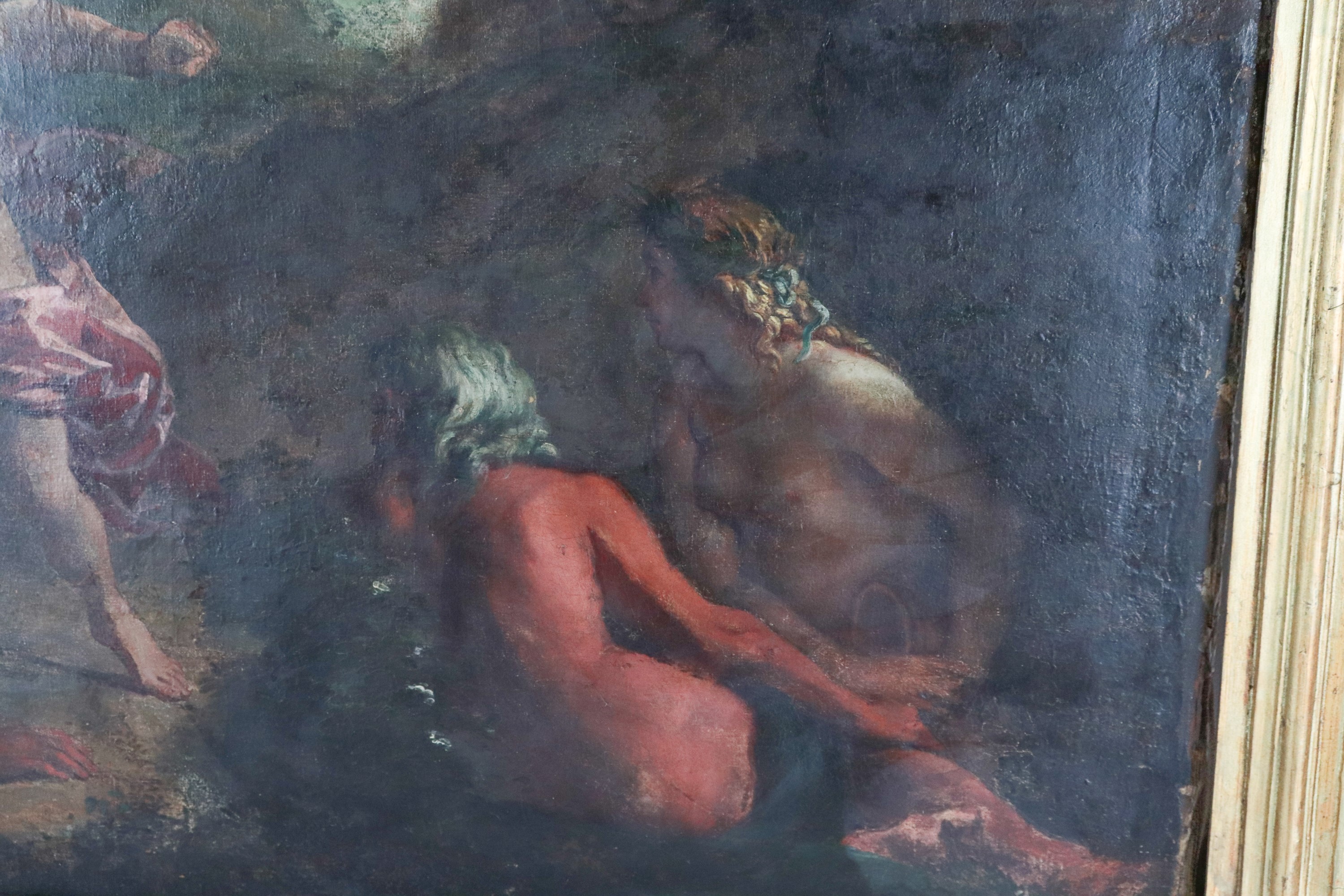 Seguace di. "La lotta dei Semidei con paesaggio sullo sfondo", pregevole dipinto ad olio su tela ...