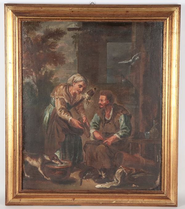 Antonio Cifrondi - Allievo di. "Calzolaio con la filatrice", piccolo dipinto ad olio su tela in cornice in legno dorato