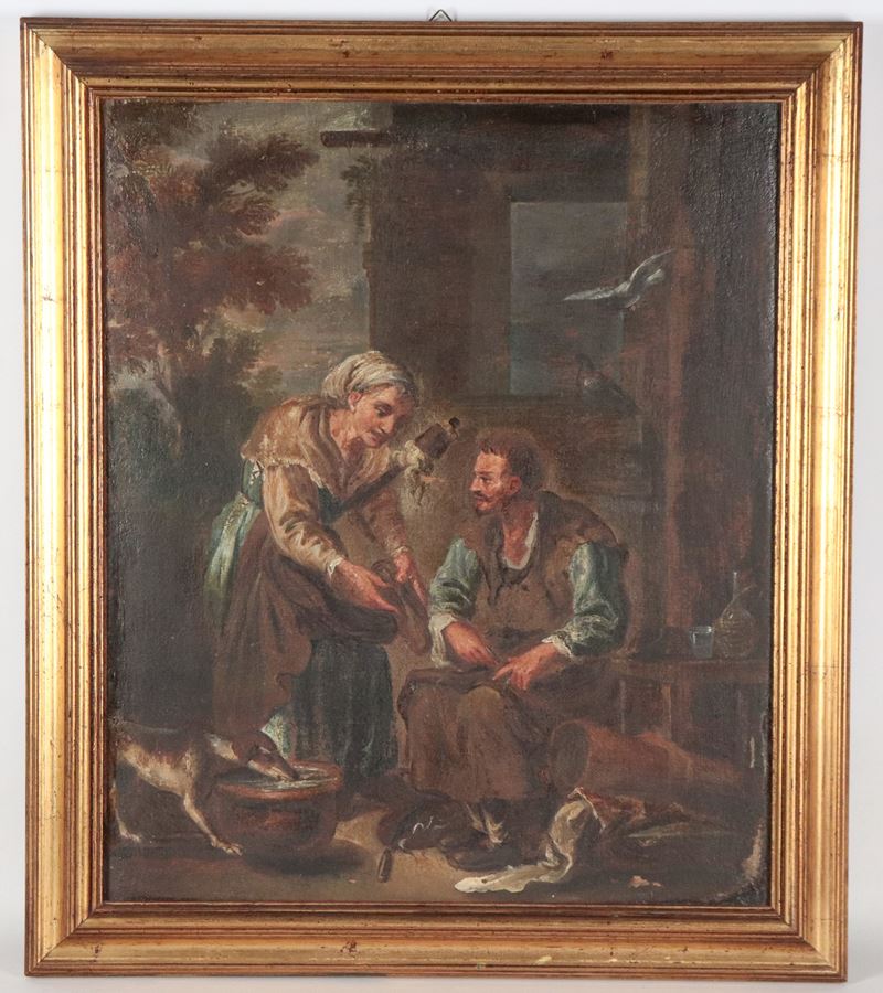 Allievo di. "Calzolaio con la filatrice", piccolo dipinto ad olio su tela in cornice in legno dor...