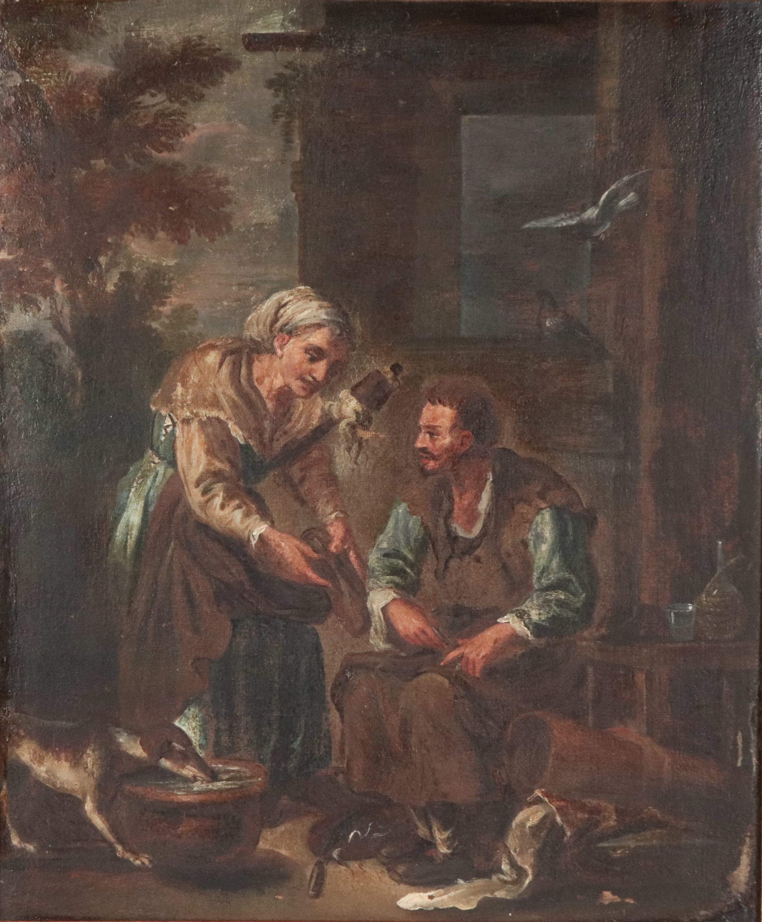 Allievo di. "Calzolaio con la filatrice", piccolo dipinto ad olio su tela in cornice in legno dor...