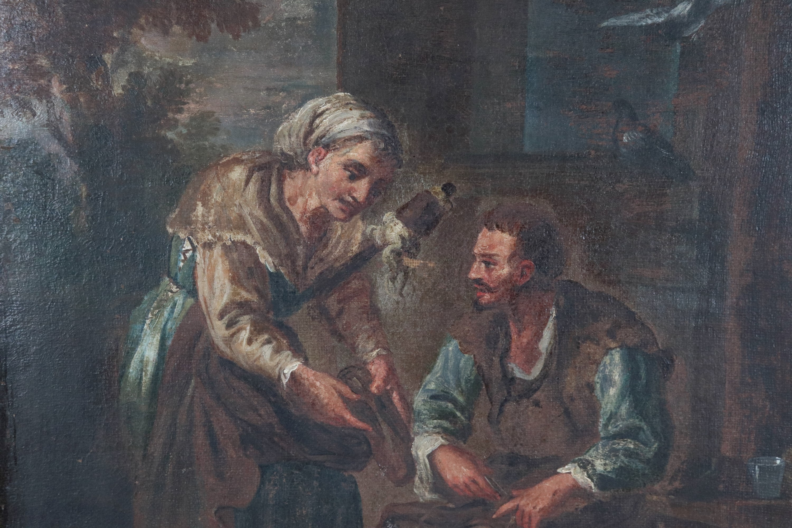 Allievo di. "Calzolaio con la filatrice", piccolo dipinto ad olio su tela in cornice in legno dor...