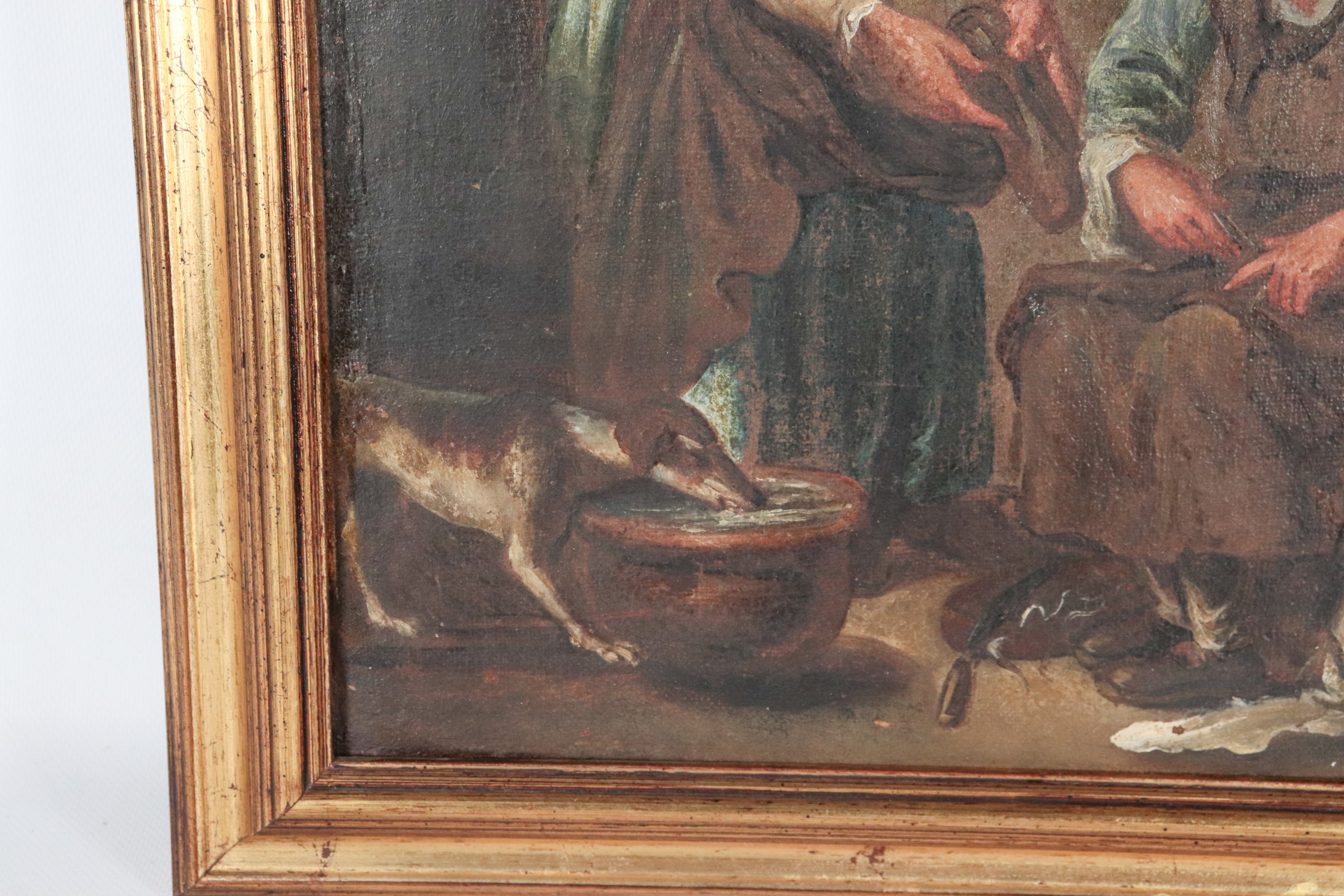 Allievo di. "Calzolaio con la filatrice", piccolo dipinto ad olio su tela in cornice in legno dor...