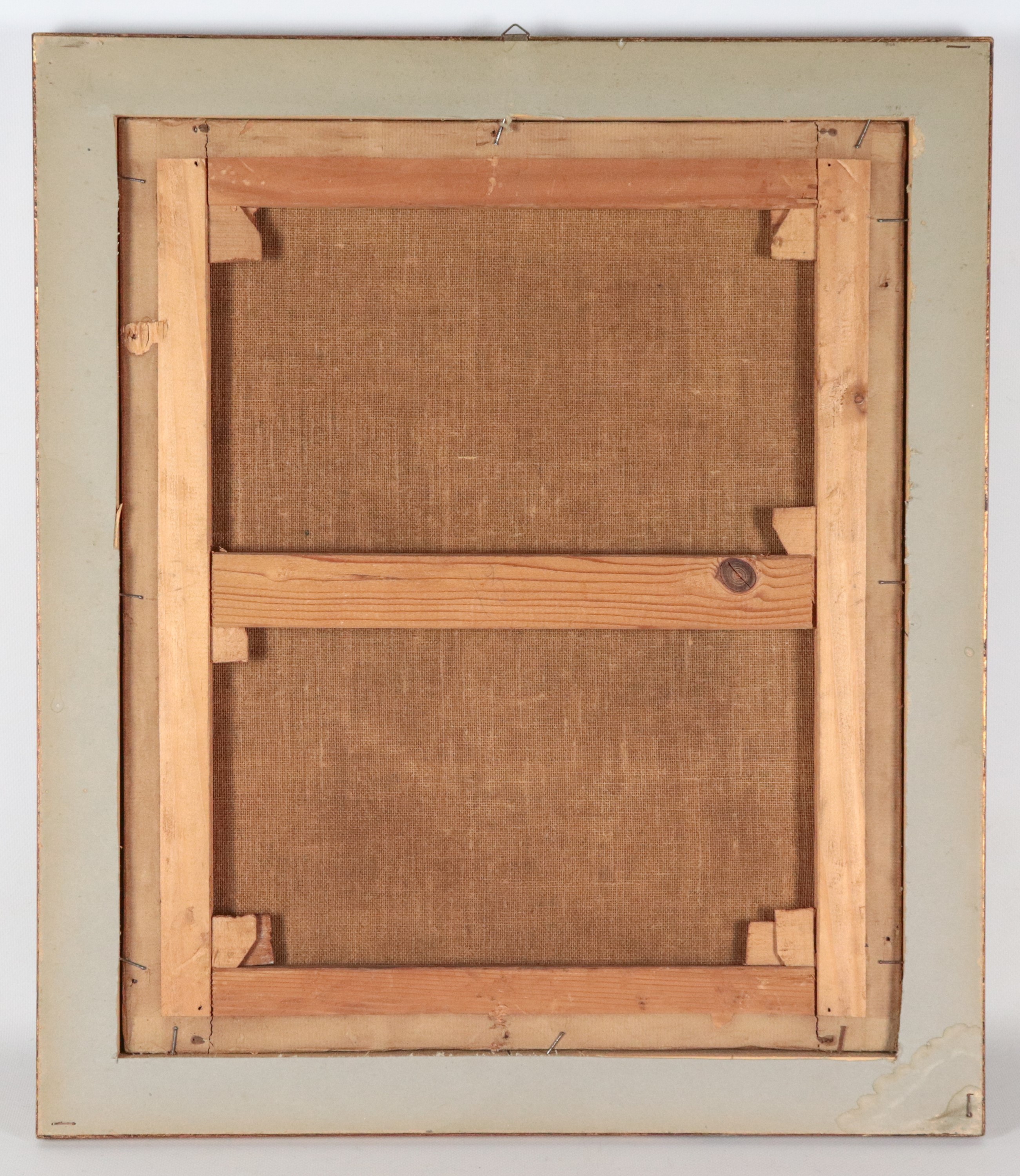 Allievo di. "Calzolaio con la filatrice", piccolo dipinto ad olio su tela in cornice in legno dor...